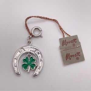 VTG Monet 60s NWT Horseshoe Clover Charm Necklace Pendant Silver Tone Green